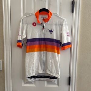 Violet Crown White Cycling Jersey and Bib with Orange and Purple Stripes